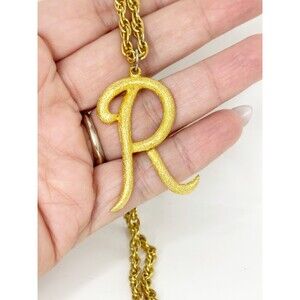 Vintage Gold Tone Letter R Initial Pendant Necklace 70s 24" chain
